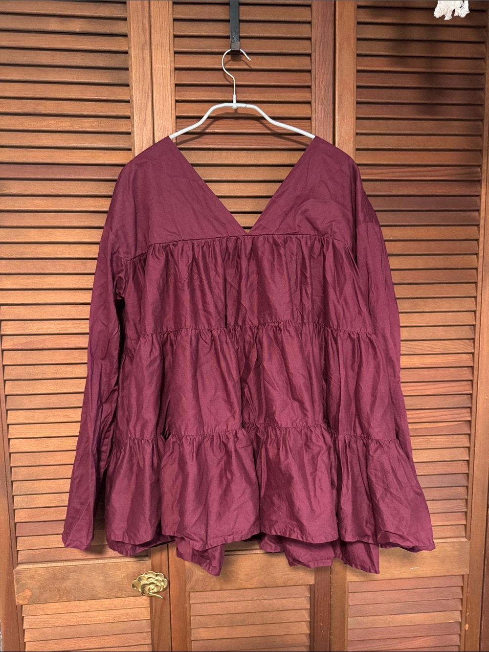 Merlette V-Neck Tiered Long-Sleeve Top - Burgundy Small